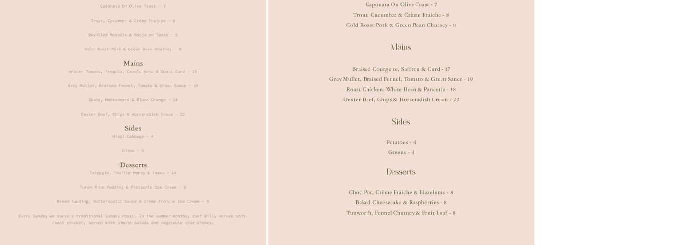 The Rose Inn Menu