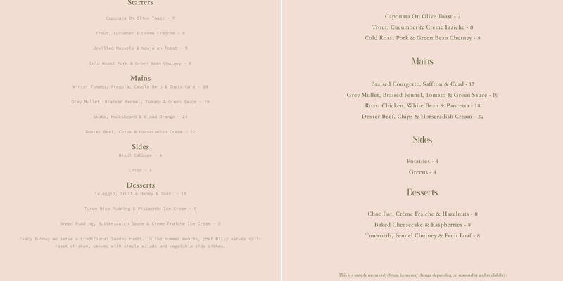 The Rose Inn Menu