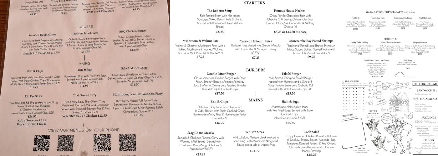 The Wheatsheaf, Beetham Menu