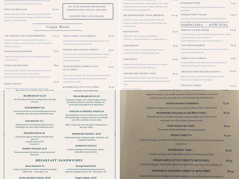 The crossing point cafe Menu