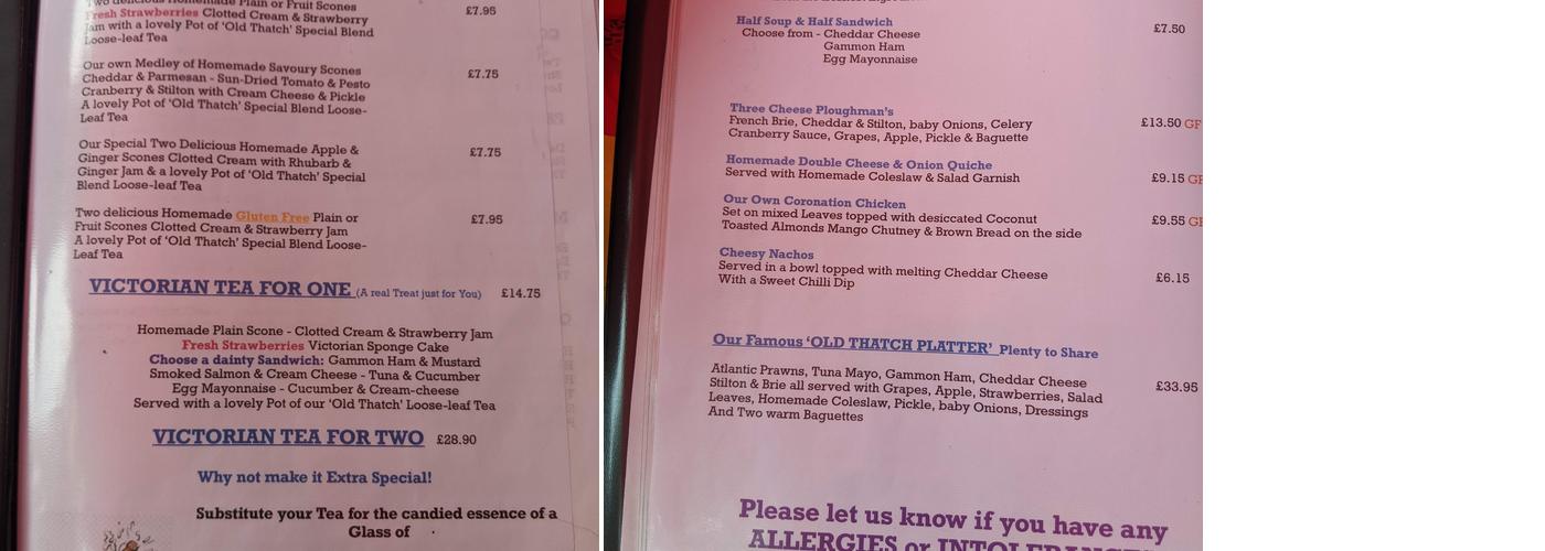 Old Thatch Teashop Menu