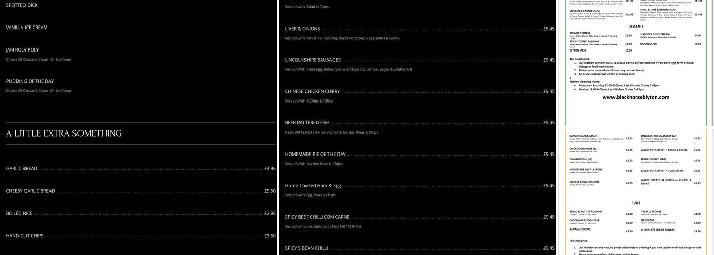 Black Horse Inn Menu