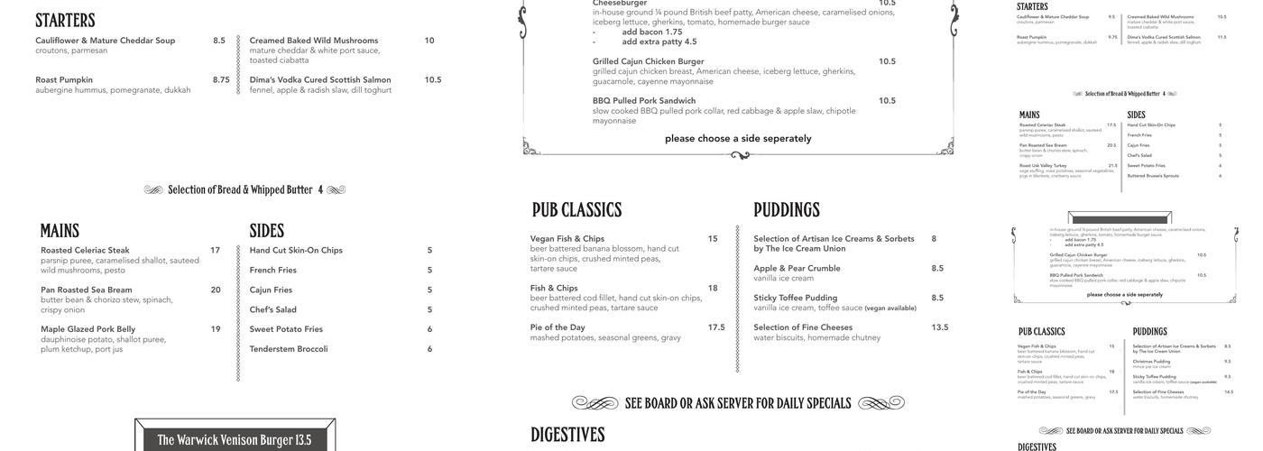 The Warwick Pimlico GastroPub and Dining Room Menu