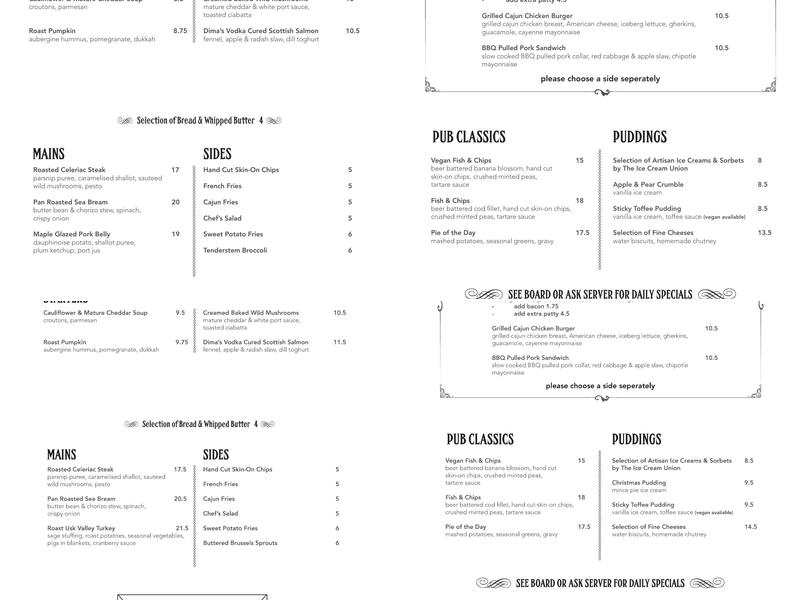 The Warwick Pimlico GastroPub and Dining Room Menu