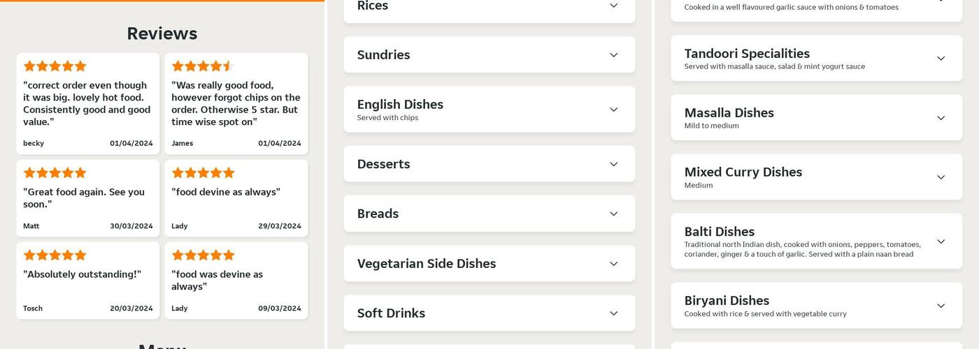 Agra Indian Takeaway Menu