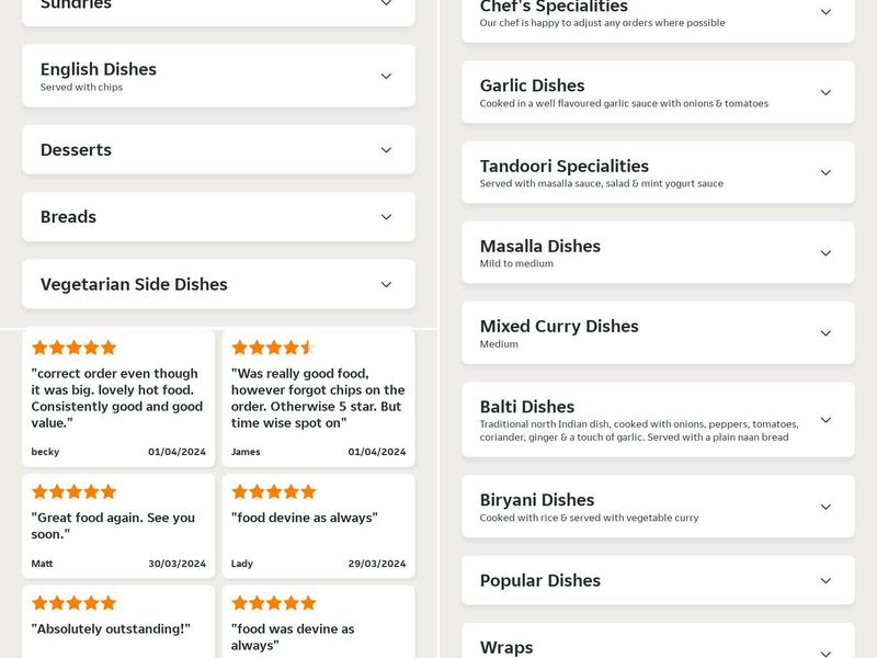 Agra Indian Takeaway Menu