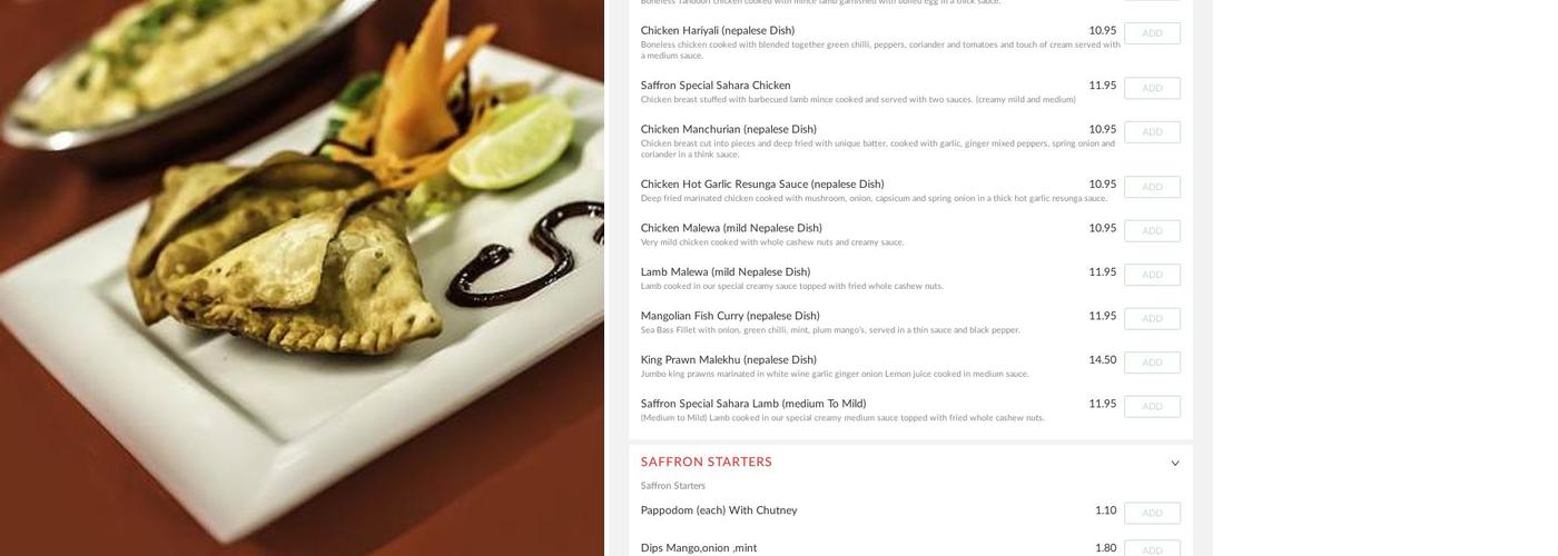 Saffron Restaurant Waterloo Menu