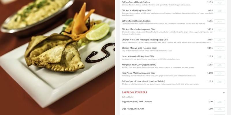 Saffron Restaurant Waterloo Menu