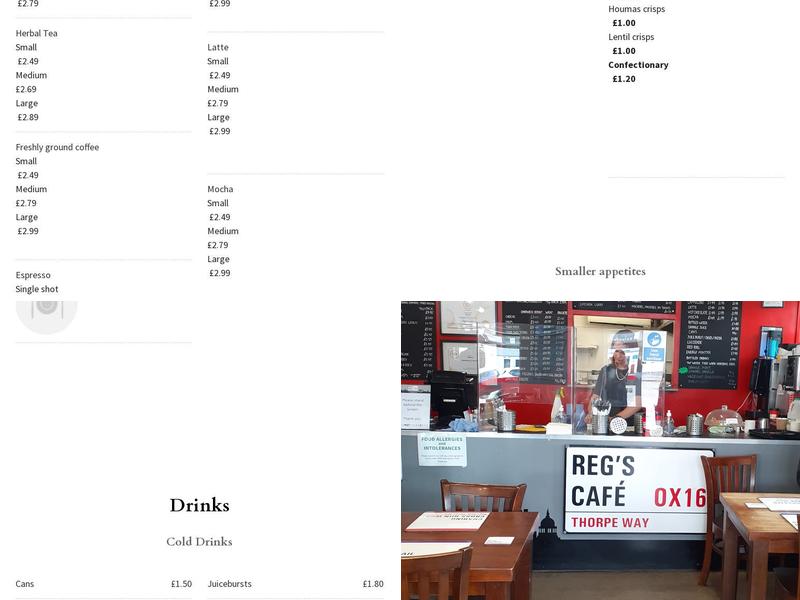 Reg's Cafe, Thorpe Way, Banbury. Menu