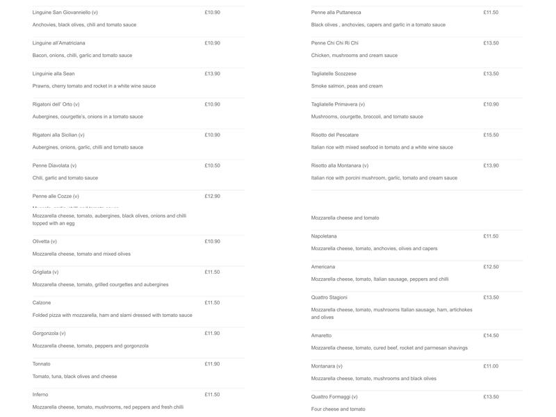 Amaretto Ristorante Pizzeria Hendon Menu