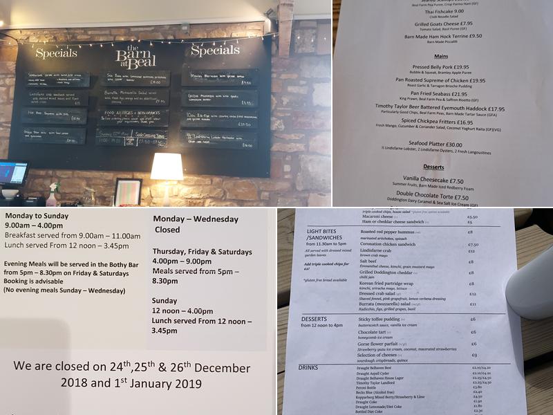 Barn at Beal Restaurant & Campsite Menu