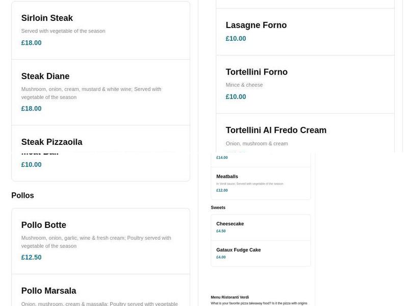 Ristoranti Verdi Bedlington Menu