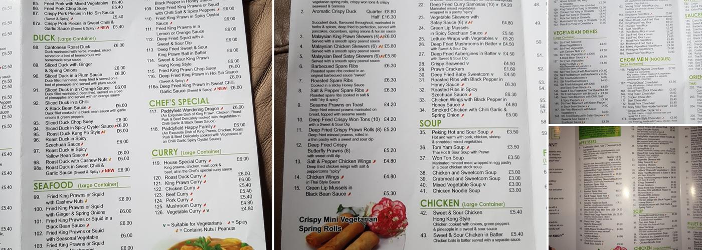Paddyfields Menu