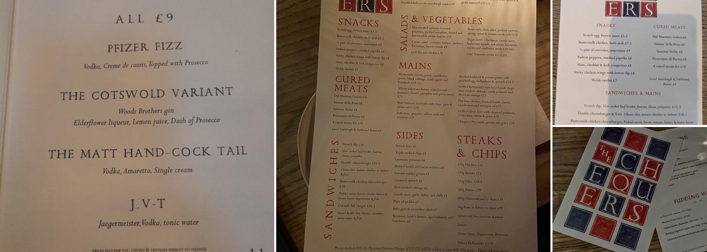 The Chequers, Cotswolds Menu