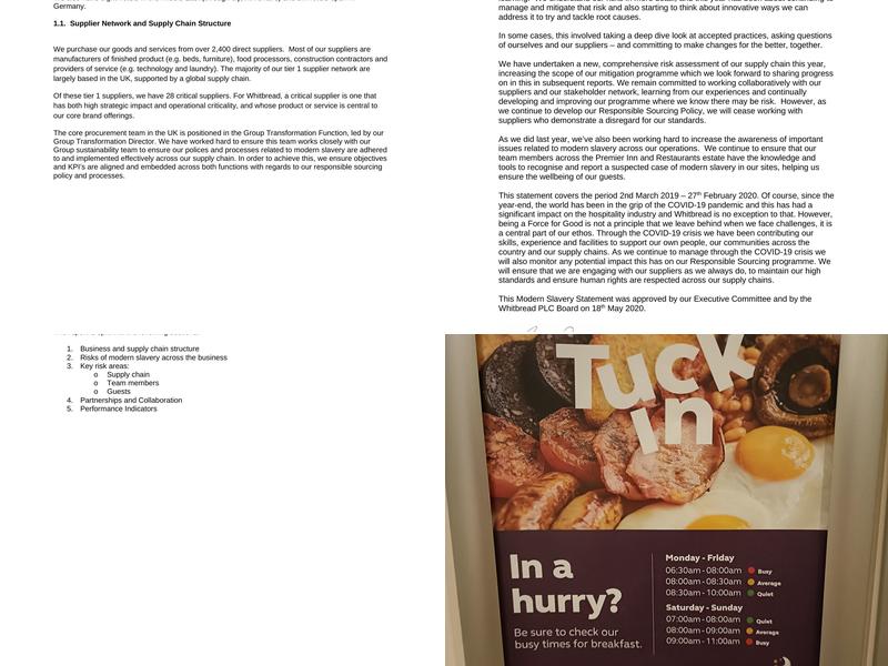 Premier Inn Witney hotel Menu