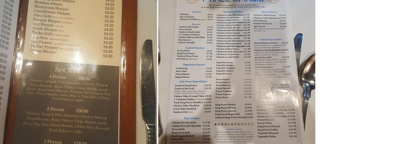 Prince of India Menu