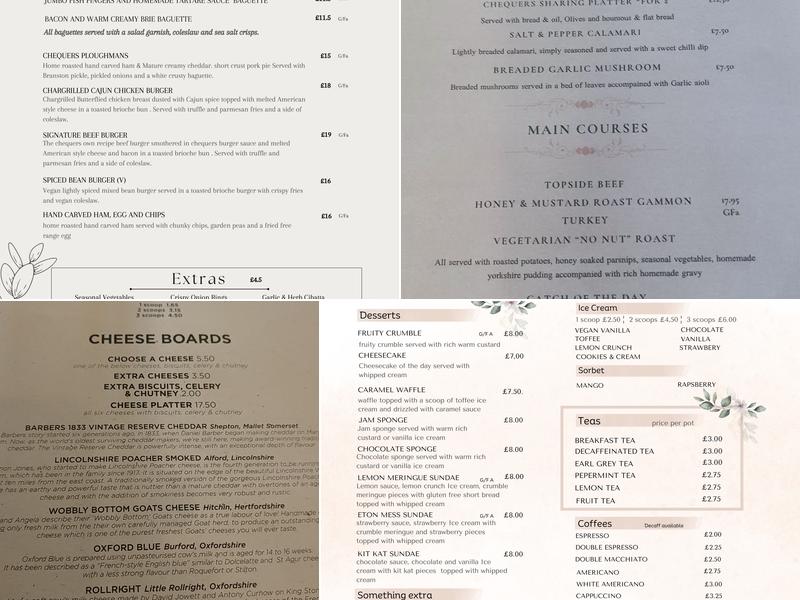 The Chequers Menu
