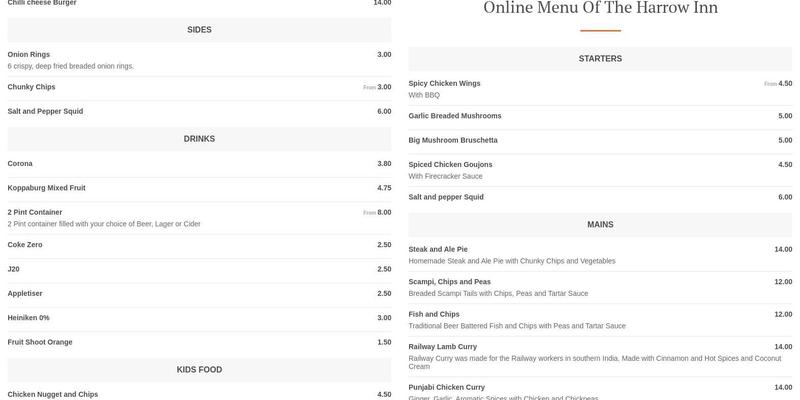 The Harrow Inn Menu