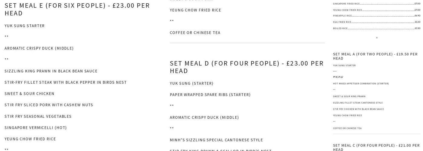 Minhs Of Tettenhall Menu