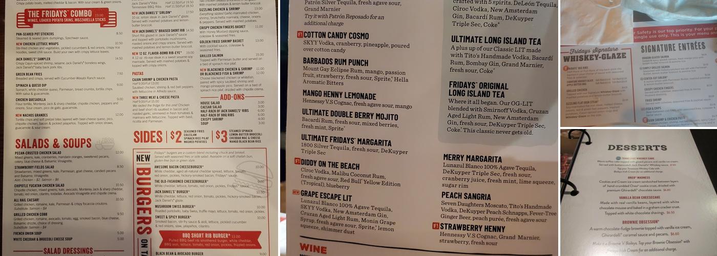 TGI Fridays Menu