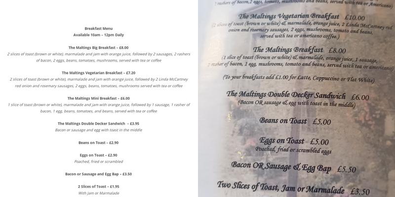 The Maltings Cafe Menu