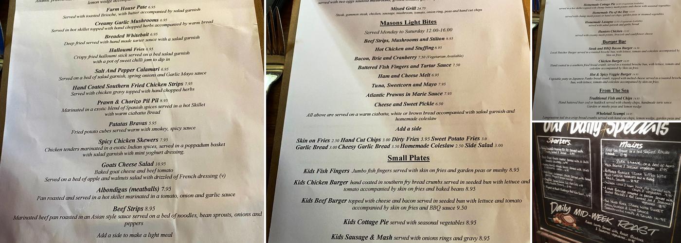 The Masons Arms in Kemberton Menu