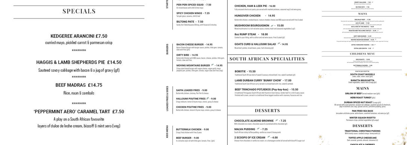 The Bird in Hand Menu