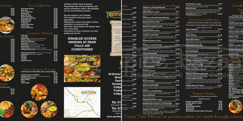 Spice Bazaar Indian Restaurant & Takeaway Menu