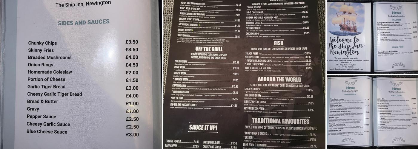The Ship Inn Newington Menu