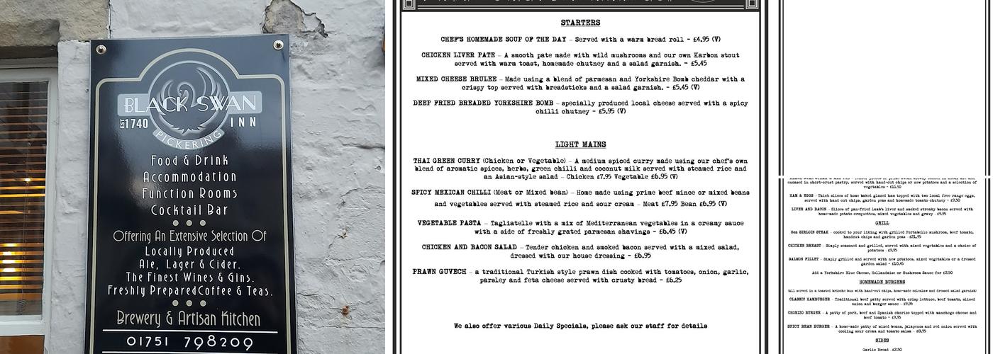 The Black Swan Coaching Inn Pickering - Hotel Menu