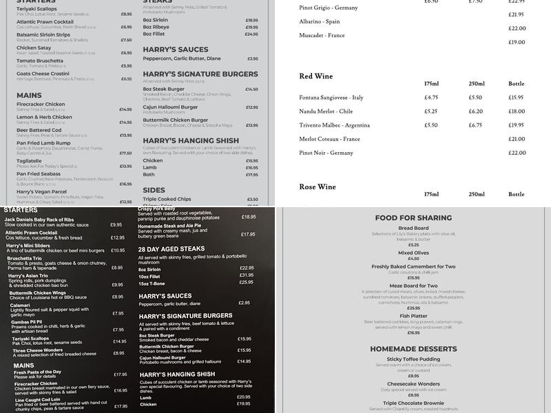 Harry's Bar & Restaurant, Thorpe-le-Soken Menu