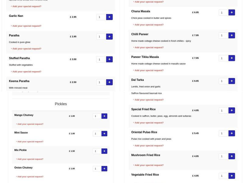 Paramount Tandoori Menu