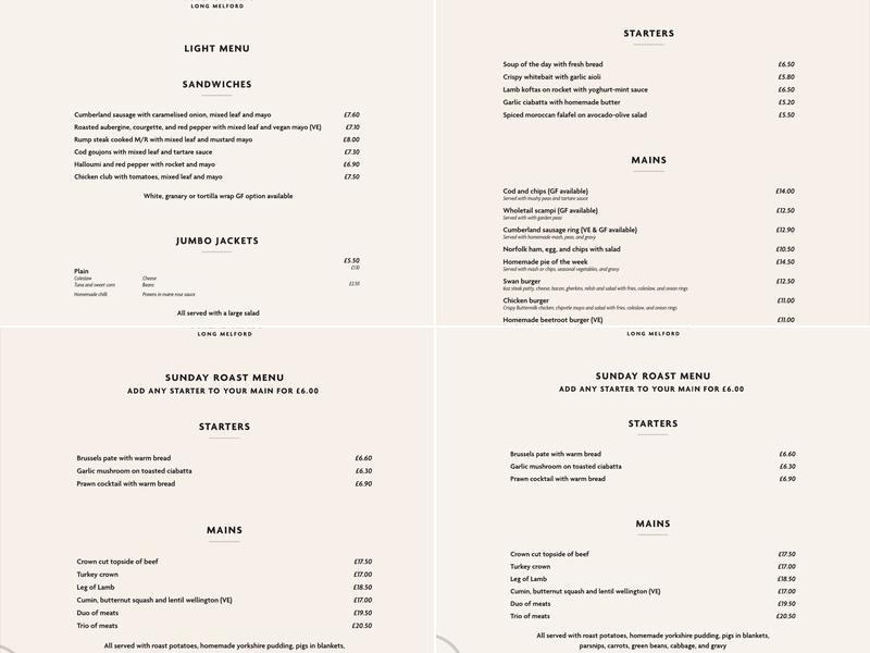 Long Melford Swan Menu