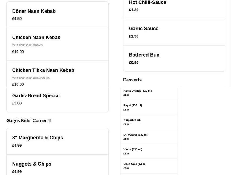 Gary's Fish Bar Menu