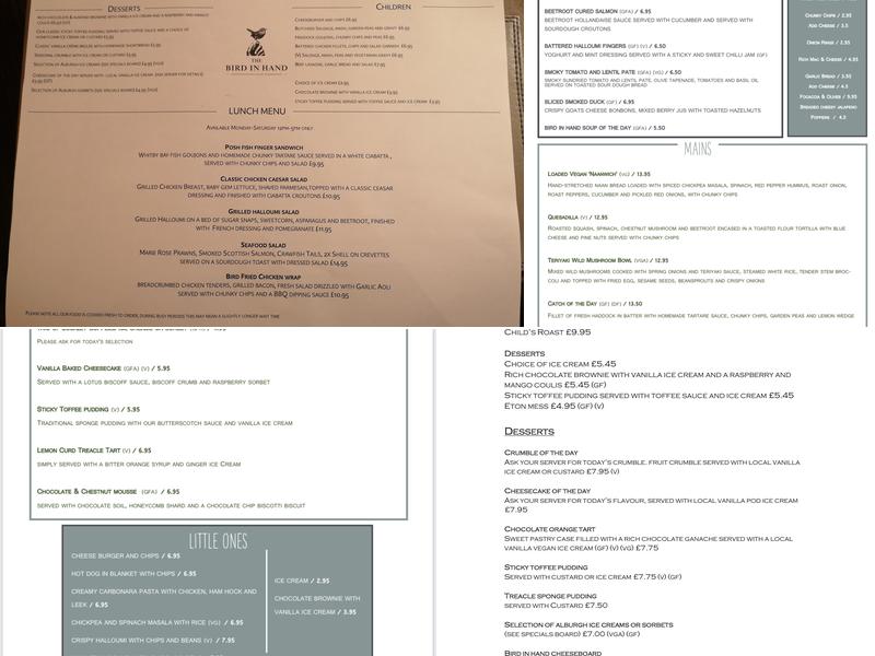 The Bird In Hand Menu