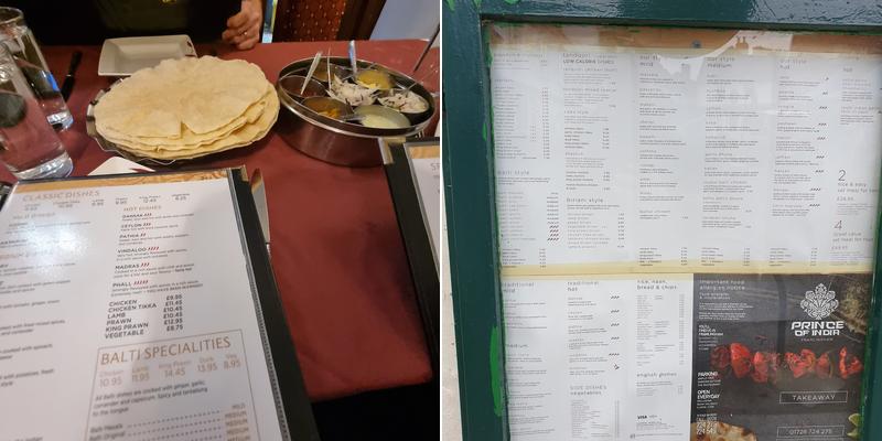 The Prince of India Menu