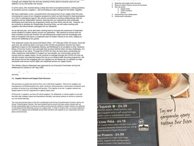 Premier Inn Mansfield hotel Menu