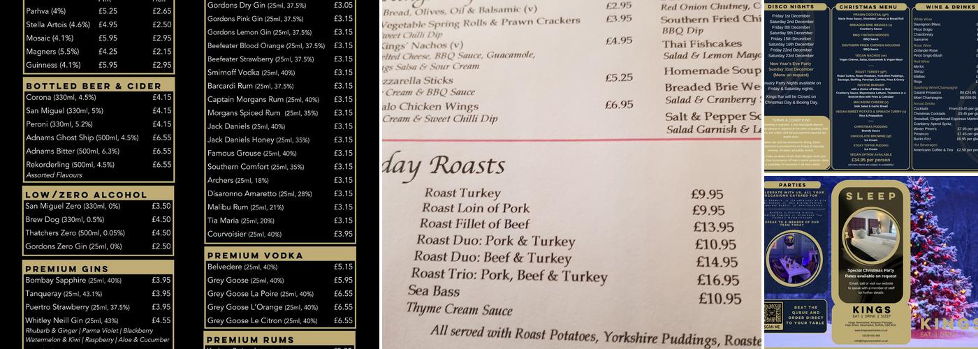 Kings Newmarket Menu