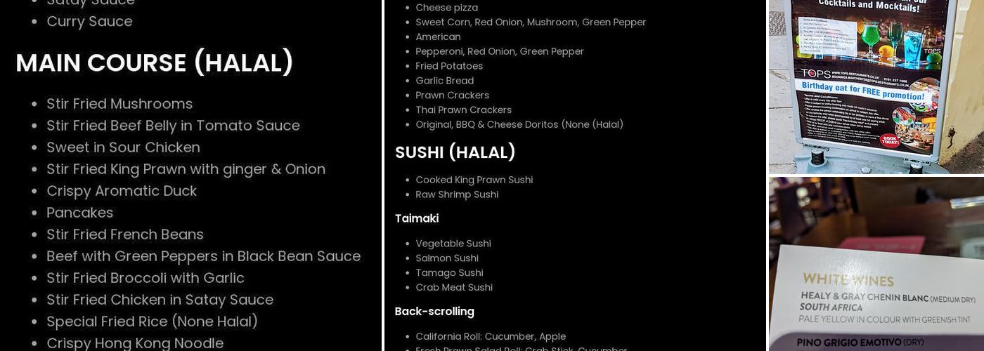 TOPS Buffet Restaurant Manchester Menu