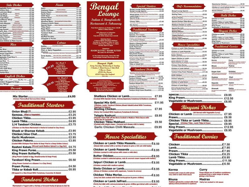 Bengal Lounge Stevenage Menu