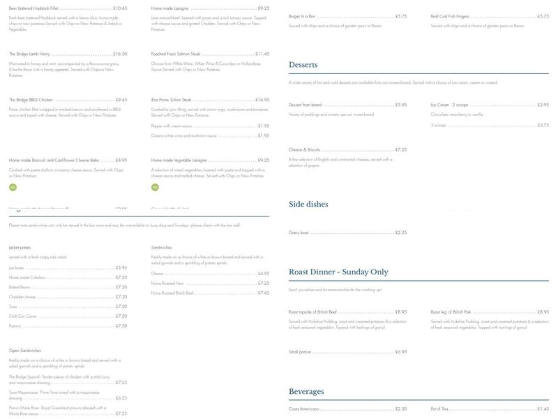 Tatham Bridge Inn Menu