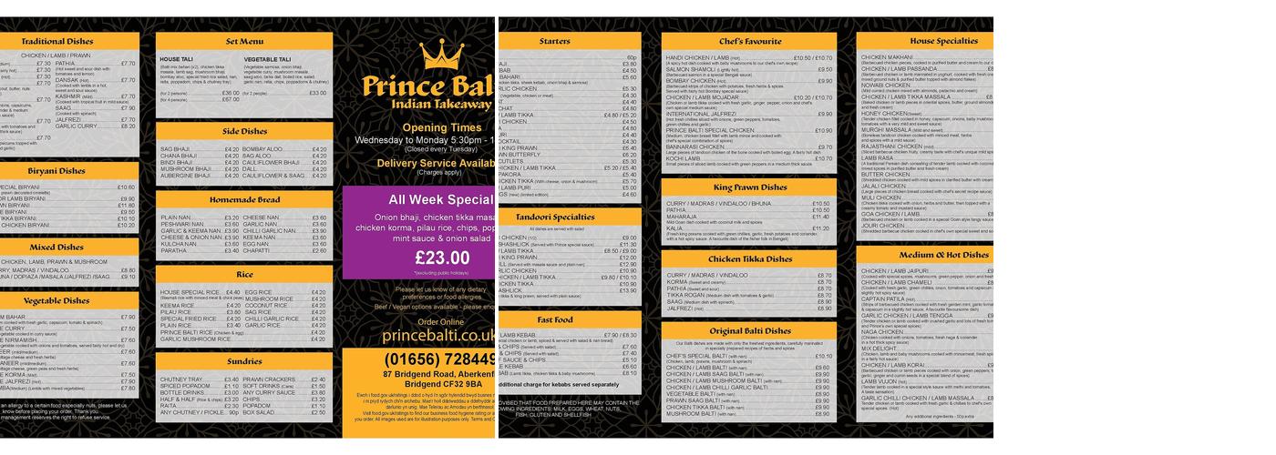 Prince Balti Menu