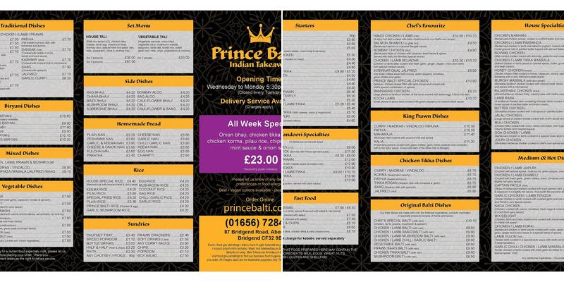 Prince Balti Menu