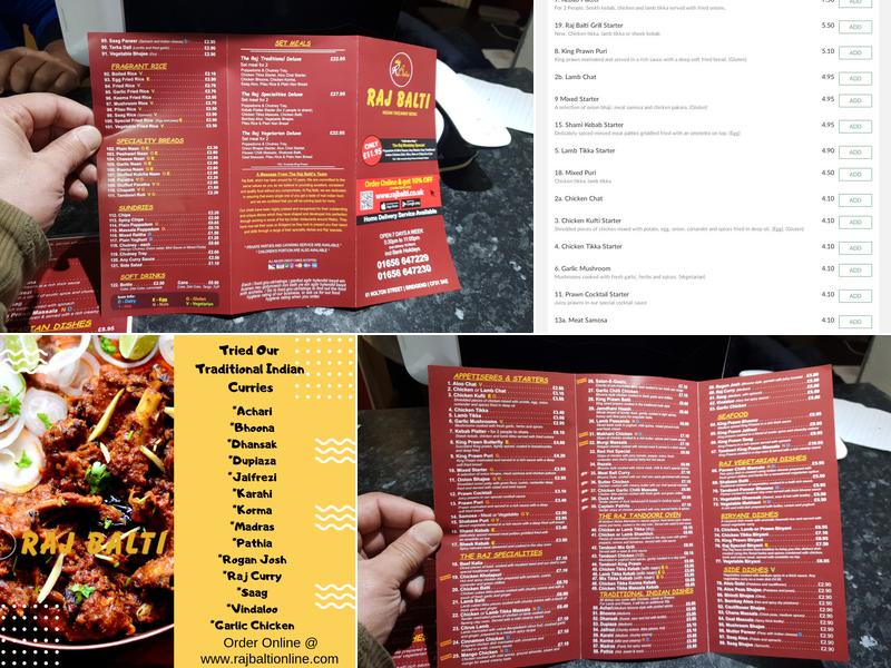Raj Balti Menu