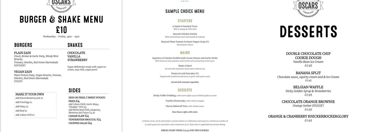 Oscars of Cowbridge Menu