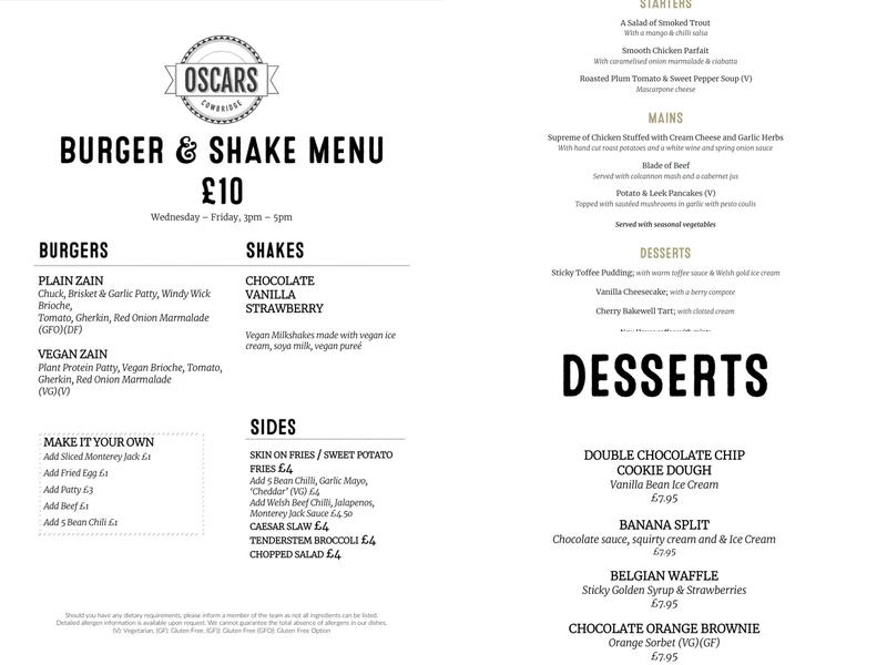 Oscars of Cowbridge Menu