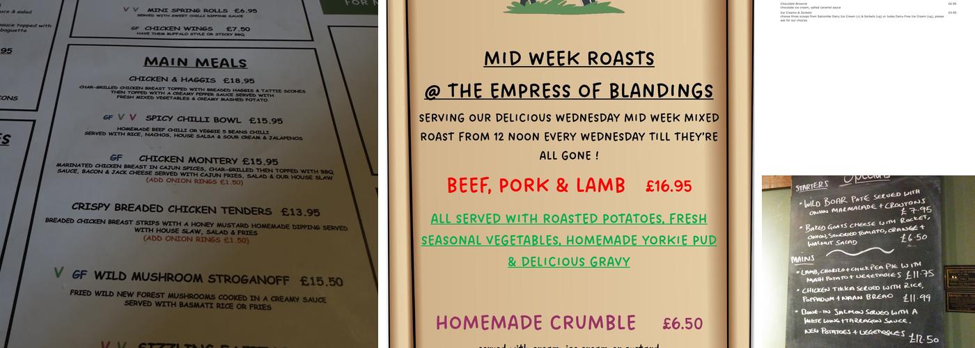 The Empress of Blandings Pub & Restaurant, Cadnam Menu