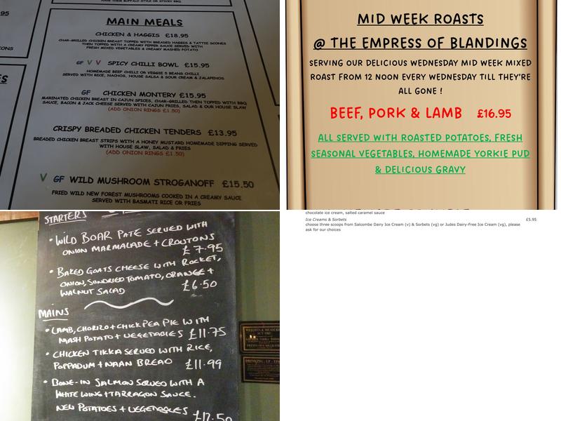 The Empress of Blandings Pub & Restaurant, Cadnam Menu