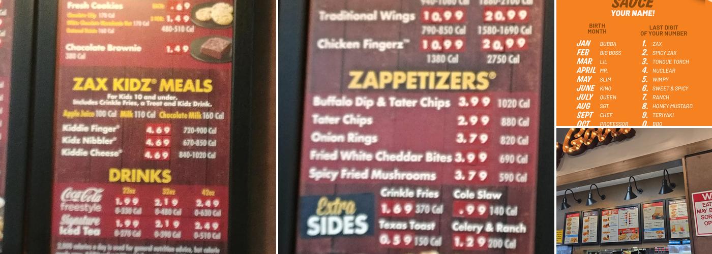 Zaxby's Chicken Fingers & Buffalo Wings Menu