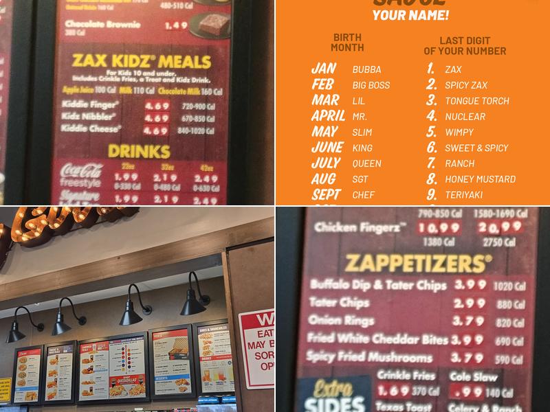 Zaxby's Chicken Fingers & Buffalo Wings Menu